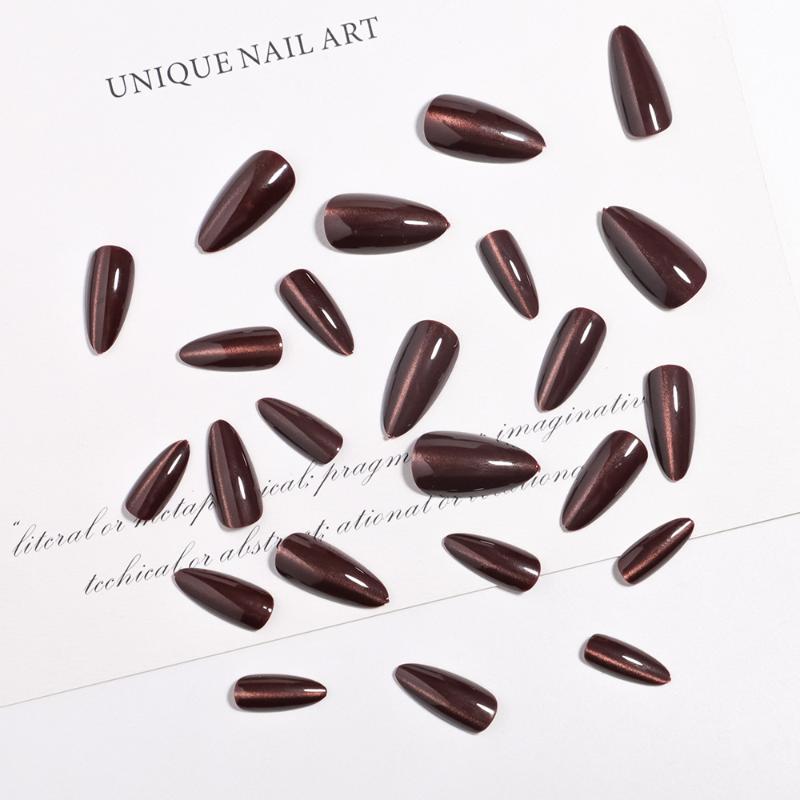 24Pcs/Set Mid-Length Almond Press On Nails Art Simple Wine Red Fake Nails Wearable Round Head Oval Full Cover False Nail Tips