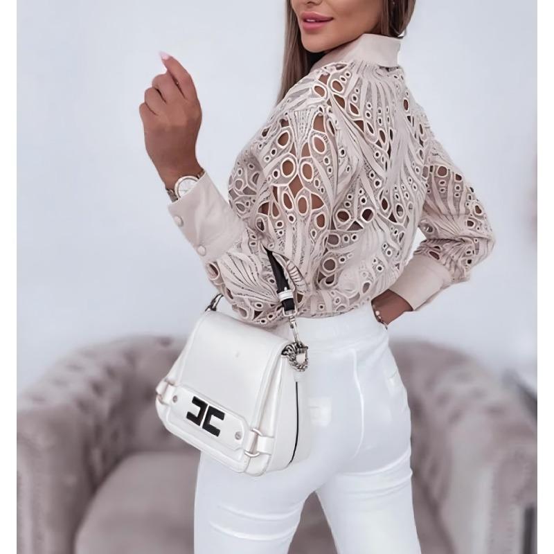 EastRogue Women's Fashion Casual Spring Fall Solid Color Print Long Sleeve POLO Neck Blouses & Shirts