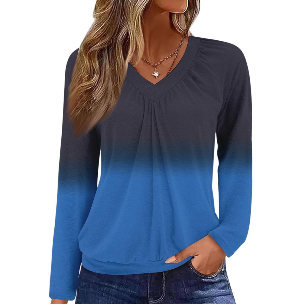 Dámský ležérní módní top s výstřihem do V, raglánovými rukávy, plisováním a jednobarevným provedením s dlouhým rukávem