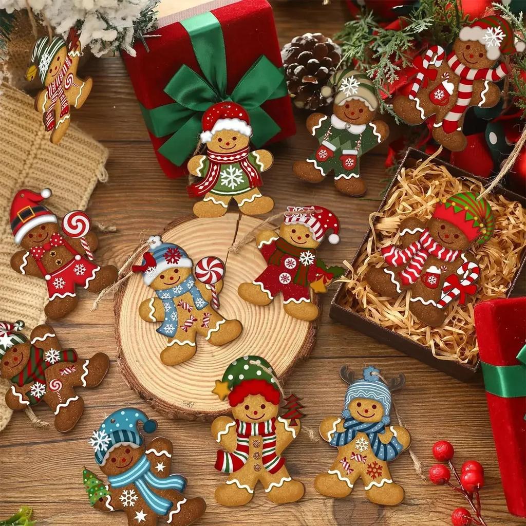 Christmas Gingerbread Man Wooden Hanging Ornaments Set Gingerbread Man Wooden Decoration Distressed Style for Christmas Holiday