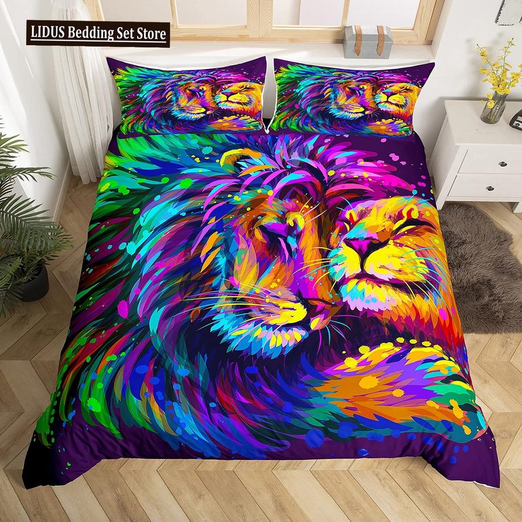 Lion Rose Duvet Cover Sets King Size Animal Floral Print Polyester Comforter Cover Nature Theme Bedding Set For Kids Adult Teens