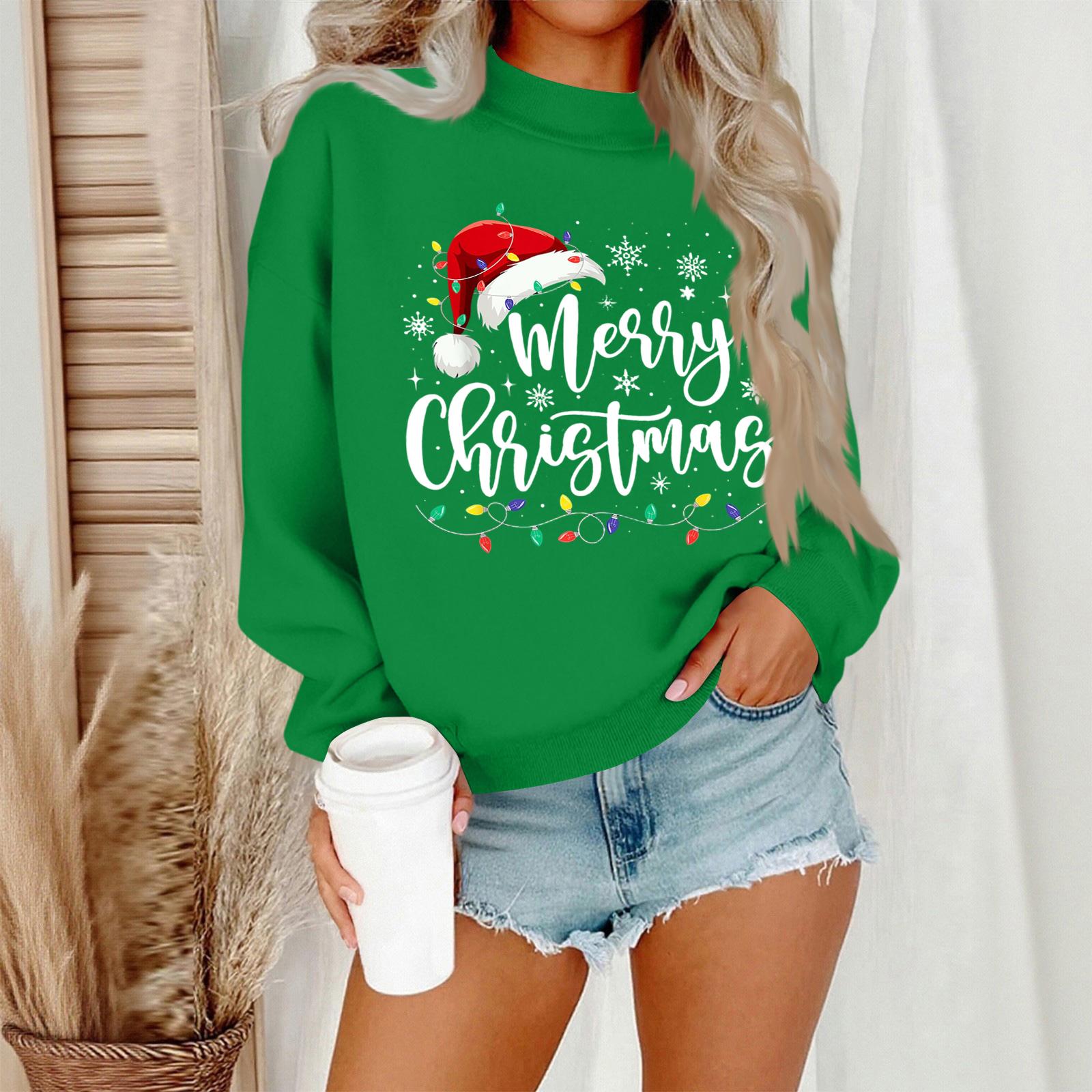 

Женский повседневный модный свитшот с круглым вырезом и длинными рукавами с рождественским принтом L зелёный