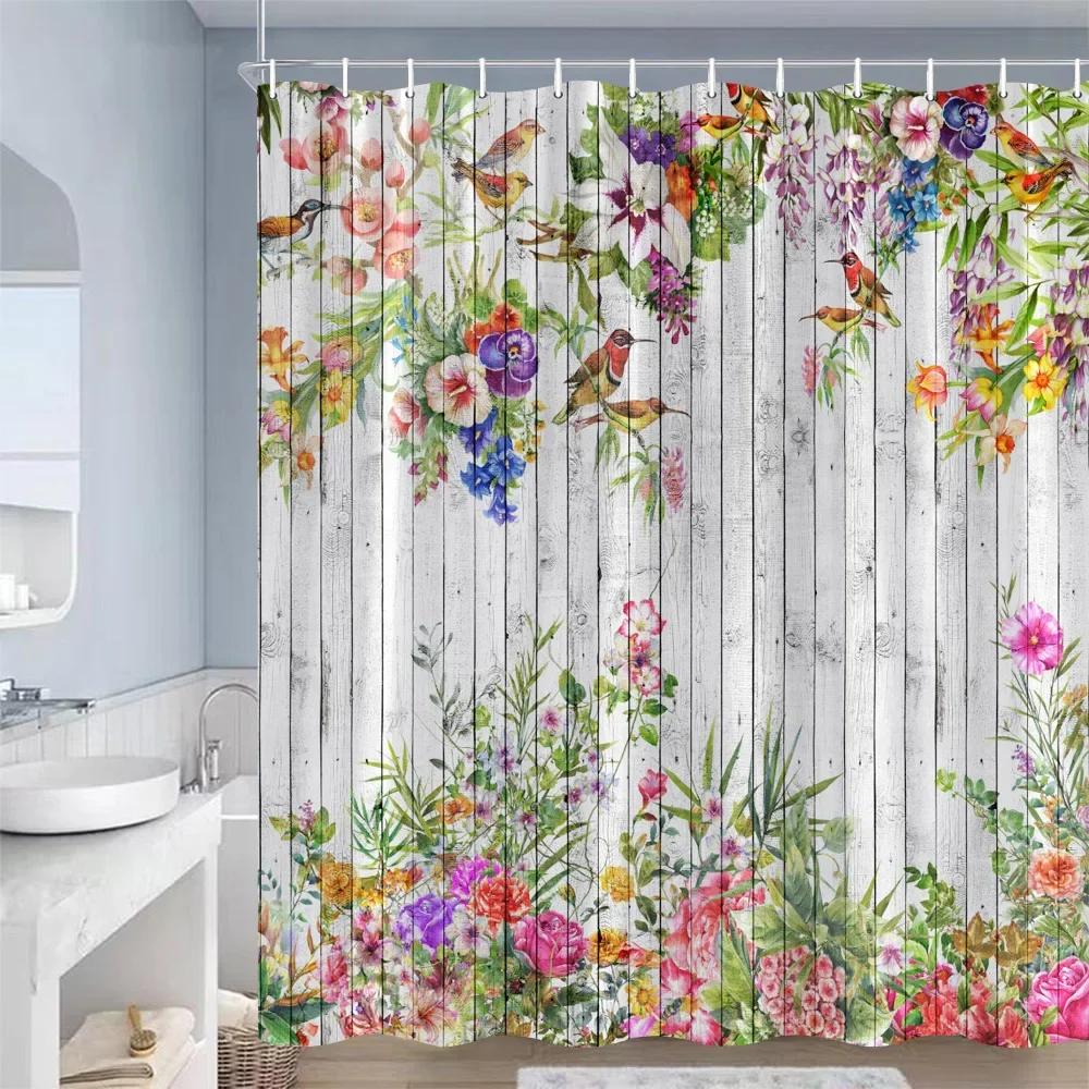 Butterfly Flowers Shower Curtains Pink Purple Blue Watercolour Floral Plants Vintage Art Modern Fabric Bathroom Decor with Hooks