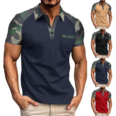 Men's Summer Camouflage Color Blocked Short Sleeved Top With Collar Pocket Half Sleeve T-shirt