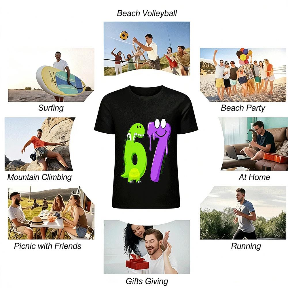 Kids Fun Number 67 Cartoon Print Top Boys Girls Cute Animal Tee Pure Cotton T-shirt
