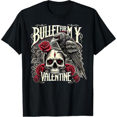 NEWTRUE Funny Bullet My Valentine Skull Roses and Red Blood Horror T-Shirt