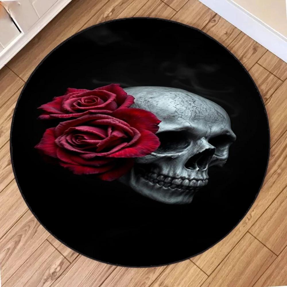 Luxury Soft Polyester Rug 3D Skull and Rose Round Non-Slip Area Rug Gothic Print for Bedroom Living Room Large Home Decoration