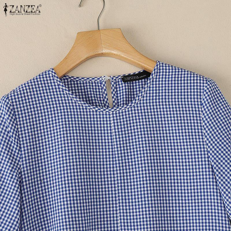 ZANZEA Women Casual Round Neck Short Sleeve Plaid Print Dress