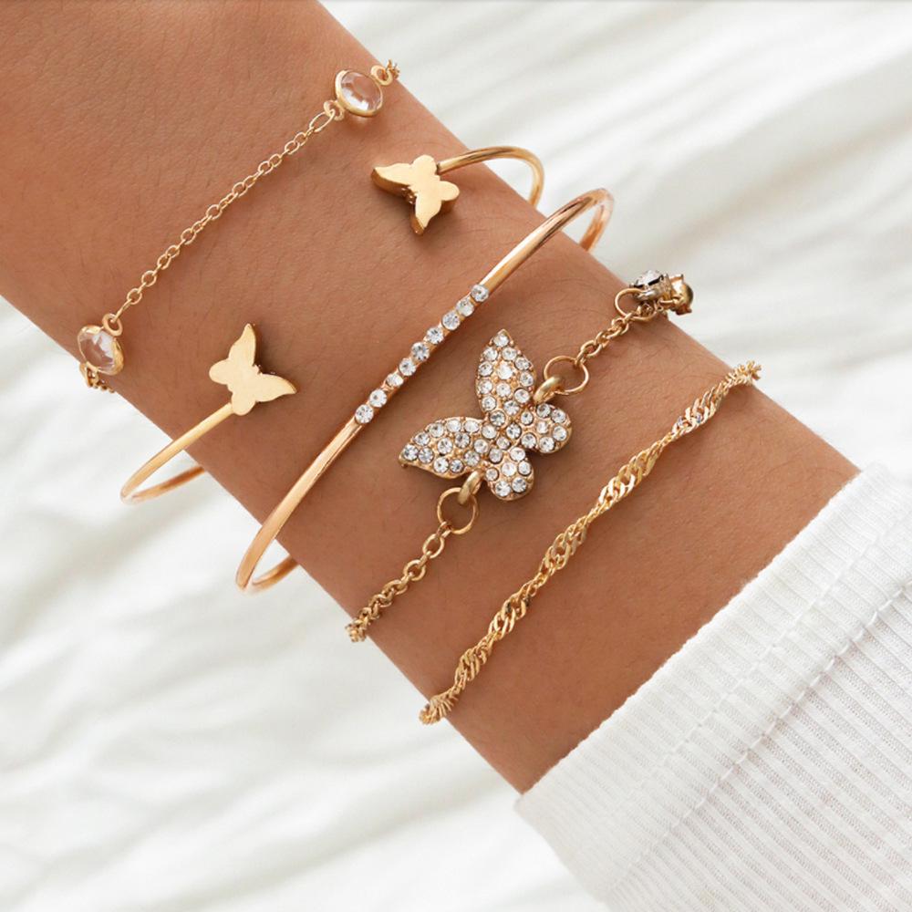 Bohemian Rhinestone Butterfly Openable Bracelet Set - 5-Piece European & American Fashion Jewelry