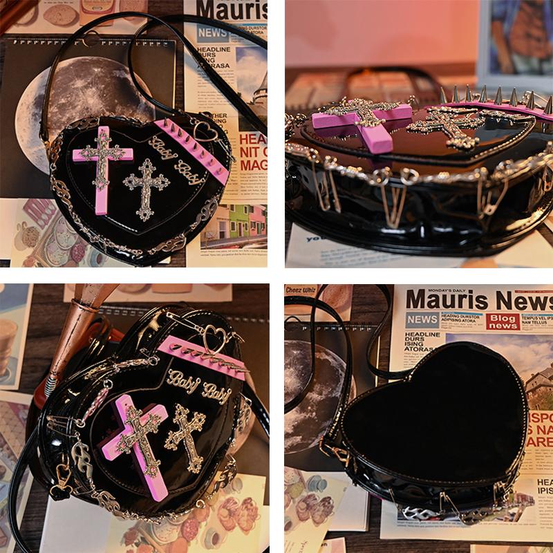 Y2K Women's Shoulder Bag Heart-shaped Leather Gothic Crossbody Bag Punk Metal Decoration Lady Purse