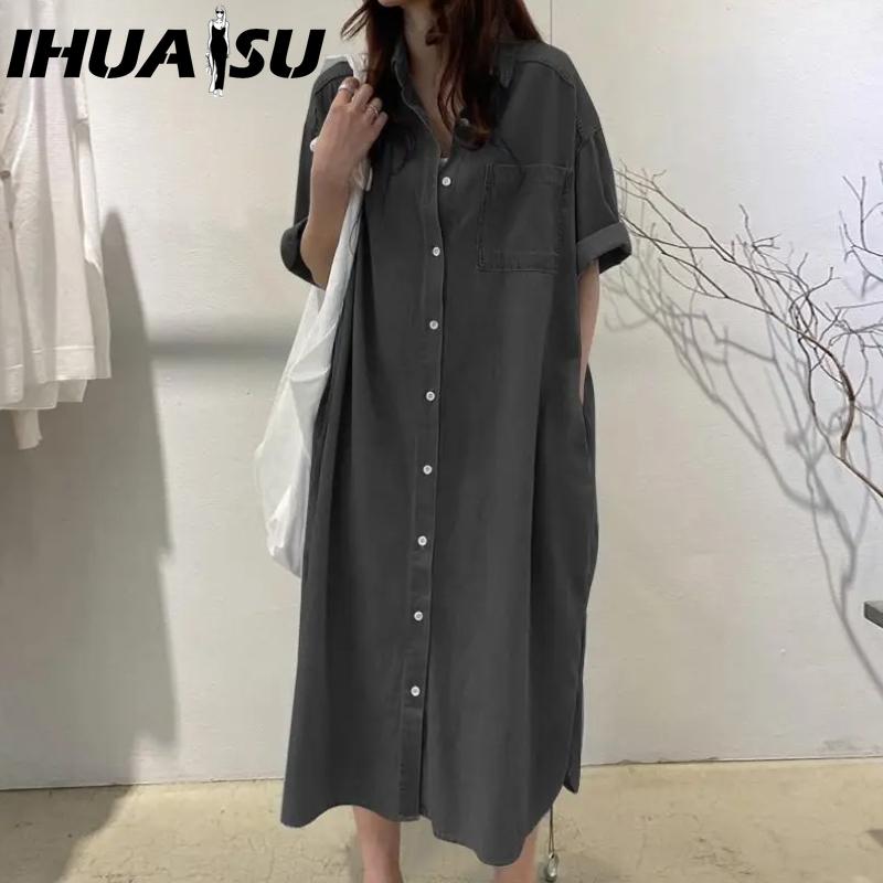 

IHUASU Женская мода лето весна сплошной цвет печати короткий рукав ПОЛО шеи Высокая талия повседневные платья XL черный серый