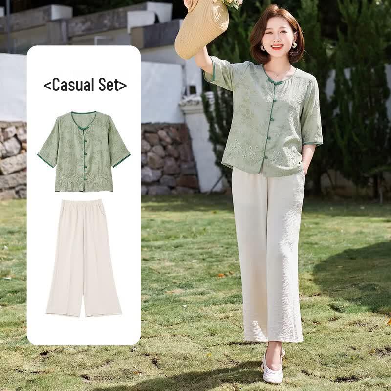 Elegant Chinese Style Summer T-Shirt for Middle-Aged Women 2XL