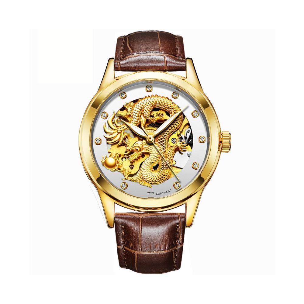 Modun Men's Gold Dragon Pattern Automatic Skeleton Watch with Genuine Leather Strap and Waterproof Multifunctionality