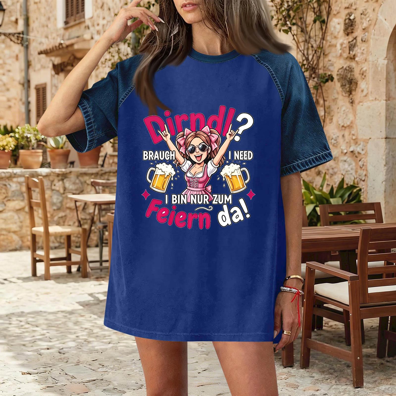 

Women s Casual Denim Patchwork Oktoberfest Print Short Sleeve T Shirt Comfortable Loose Fit Tee Top for Everyday Wear M синий