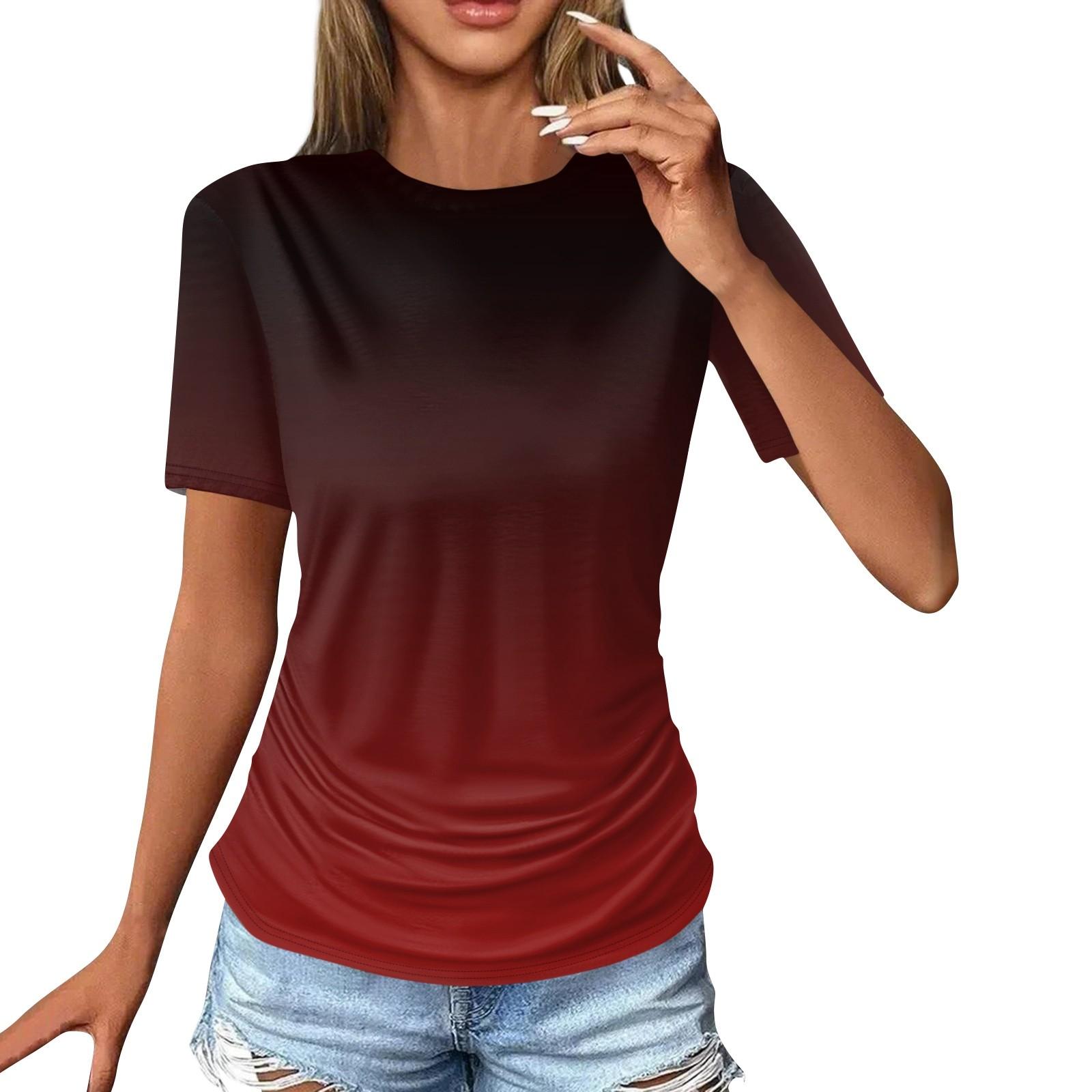 

Женские футболки, модные повседневные топы с круглым вырезом и коротким рукавом, туника с принтом L винный