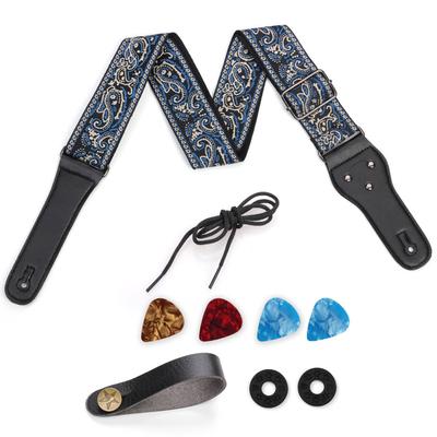 Blaugraues Besticktes Gitarrengurt-Set Folk Akustik Schultergurt Lanyard Plektrum Rutschfest