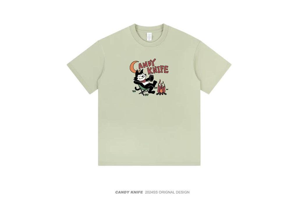2024 Trendy Hong Kong Chic Cartoon Print Khaki Short-Sleeve Women's Loose T-Shirt