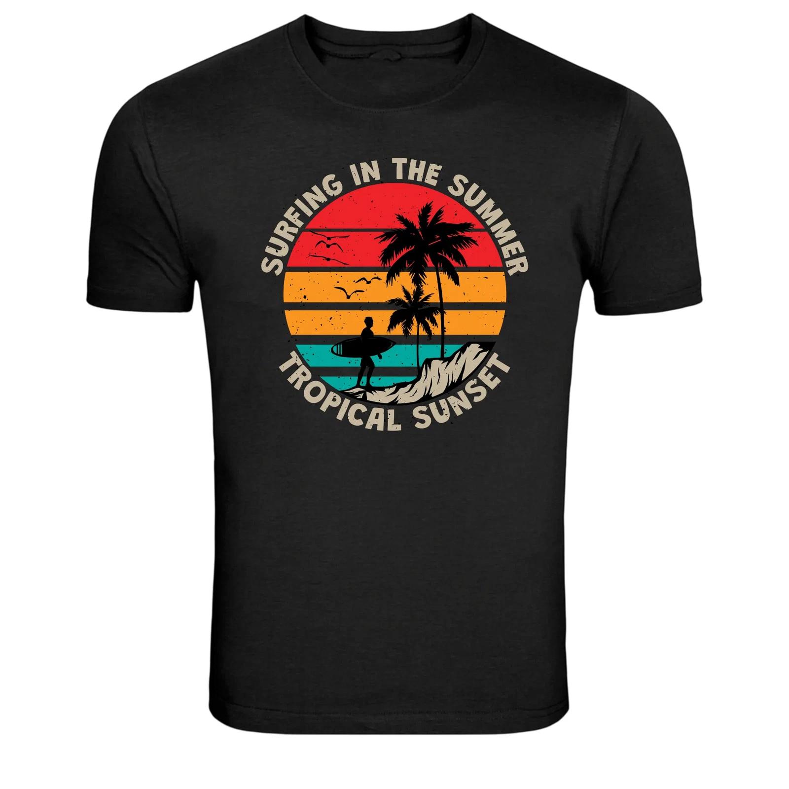 Surfing In The Summer Tropical Sunset Graphic T Shirt Beach Tee XXL