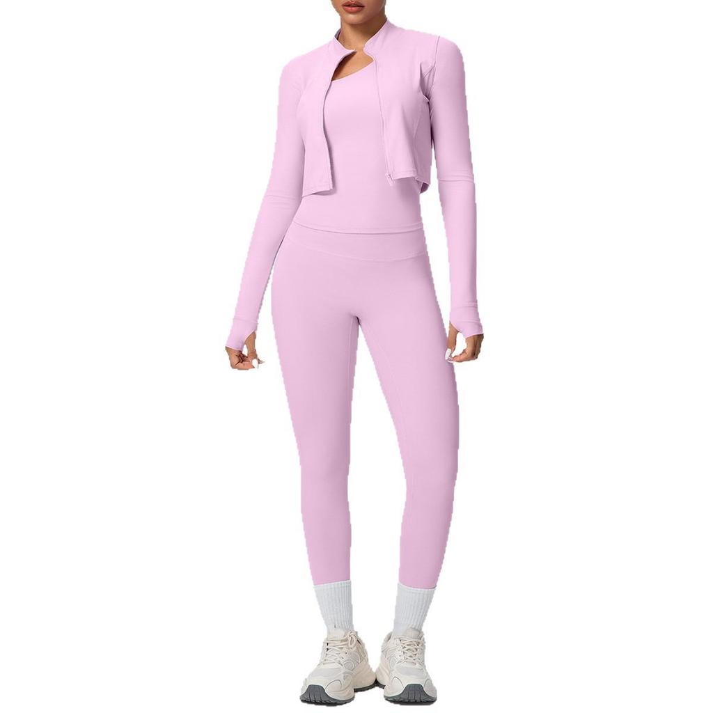 Women's Three-Piece Fitness Set: One-Shoulder Vest, Long-Sleeved Jacket, Slim-Fit Yoga Pants