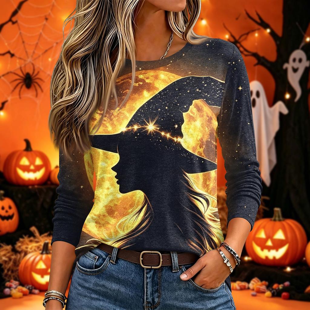 Women's Fashion Halloween Print Long Sleeve Neck Pullover Top for Fall