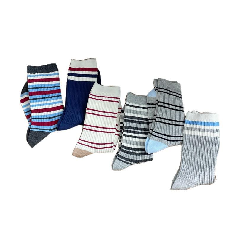 Grey Socks Cotton Mid-Leg Socks Double Needle Cotton Spring And Autumn Striped Pile Socks Collegiate Style Stockings