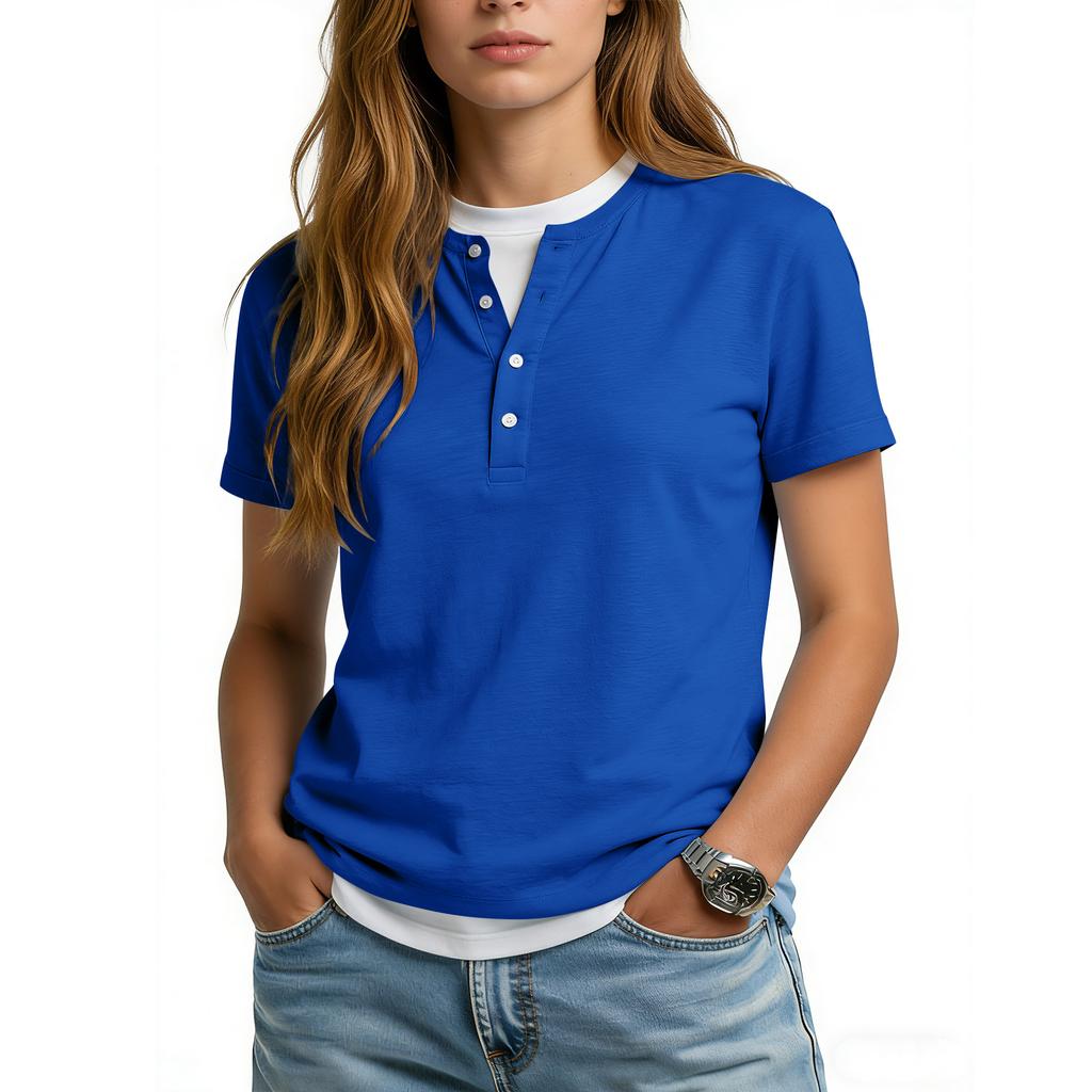 Women's Casual Color V,neck Short,sleeved T,shirt With Decorative Buttons.
