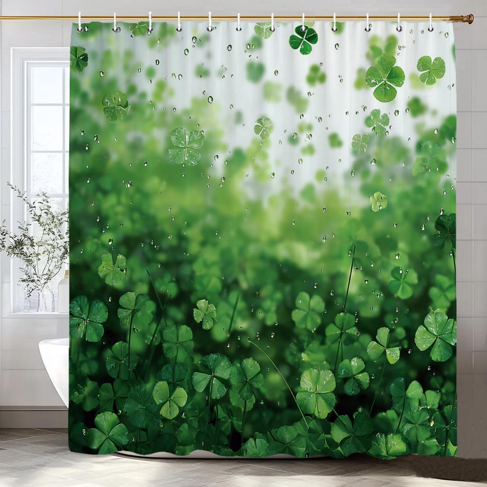 Green Leaves, Lucky Grass Clover Pattern Shower Curtain, Bathroom Decorative Shower Curtain, Home Curtain With Hooks