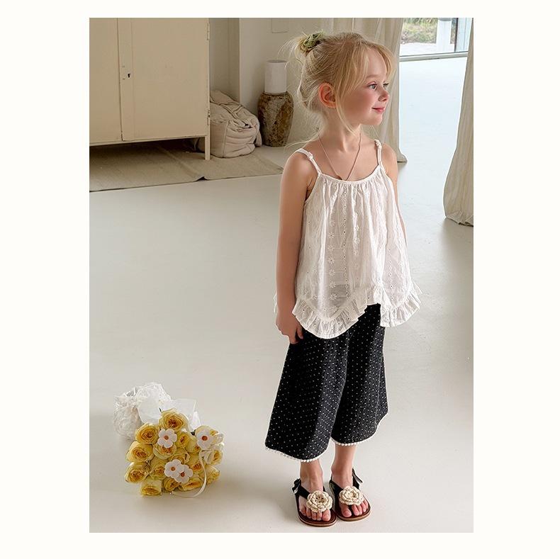 New Girls' Plaid & Polka Dot Three-Quarter Wide-Leg Pants (S/M/L) - Black