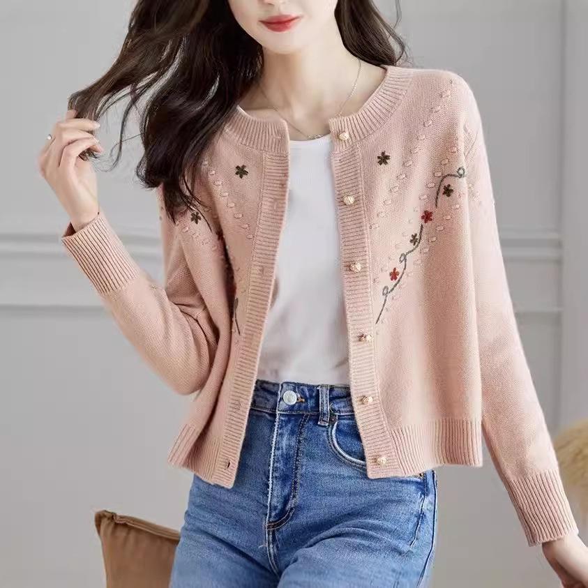 Autumn Embroidered Knitted Cardigan for Women Casual Loose and Versatile Long Sleeve Sweater Coat