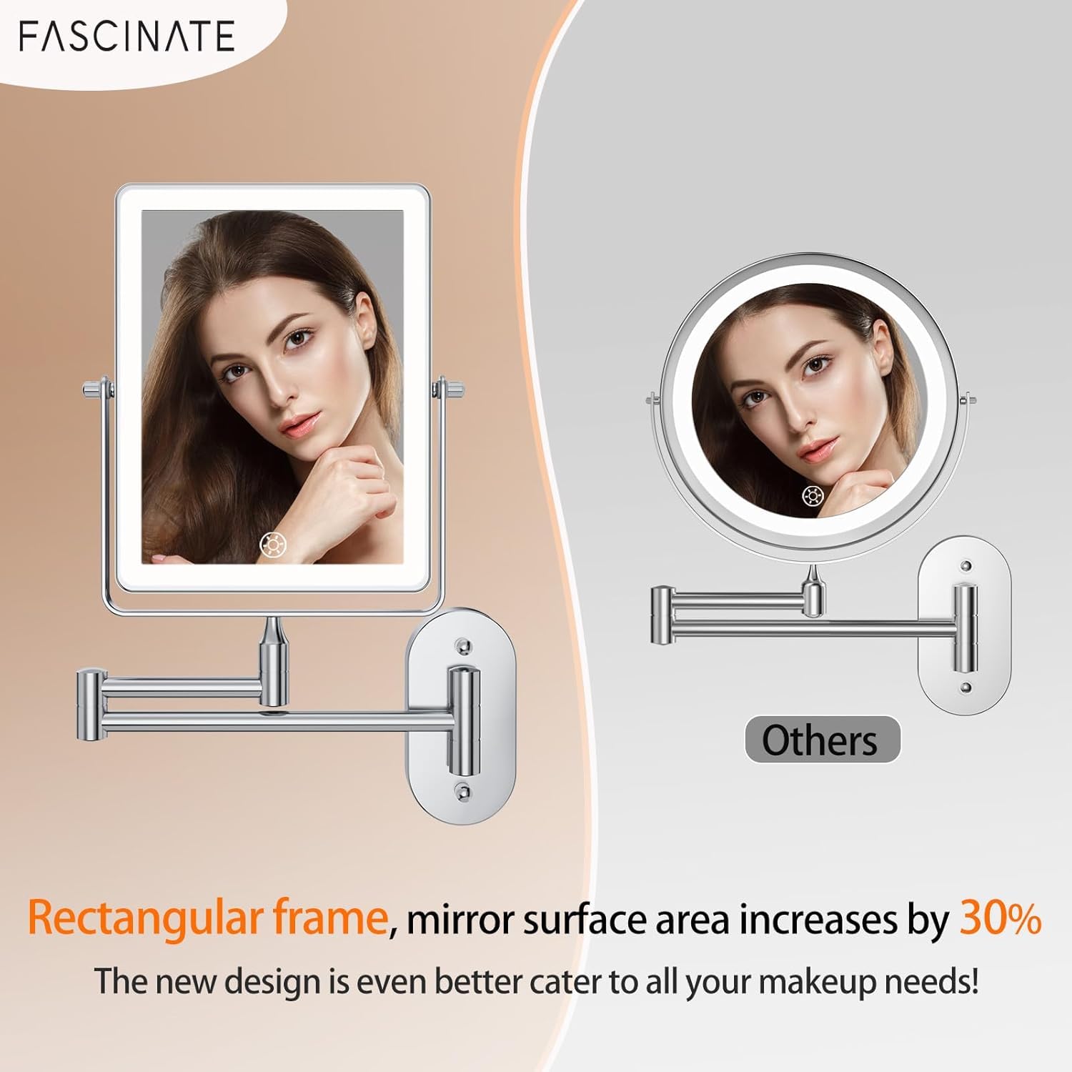 FASCINATE Перезаряжаемое настенное зеркало для макияжа, 8,7 , двустороннее, с сенсорным переключателем, 1x/30x, прямоугольное, настенное увеличительное зеркало со светом, 3 цвета