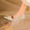 Beautiful high-end golden crystal high-heeled shoes women's 2025 new Hexiu wedding dress two wear