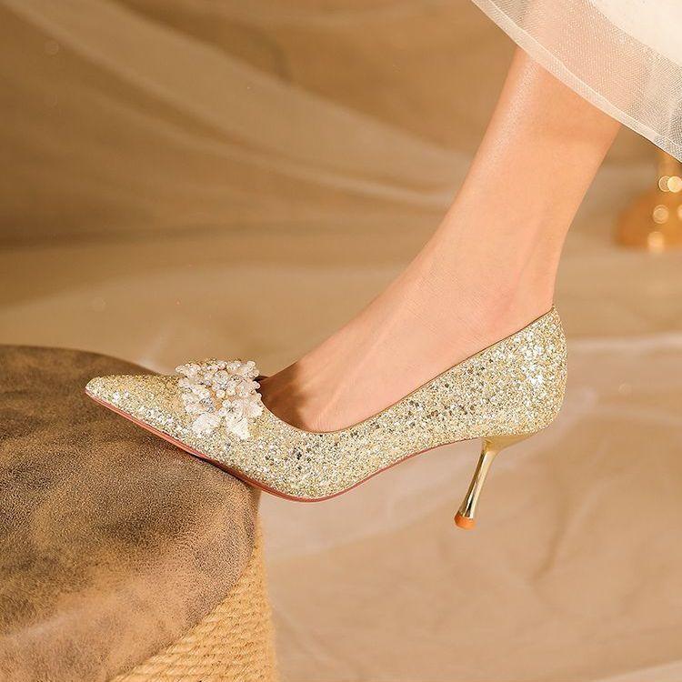 Beautiful high-end golden crystal high-heeled shoes women's 2025 new Hexiu wedding dress two wear