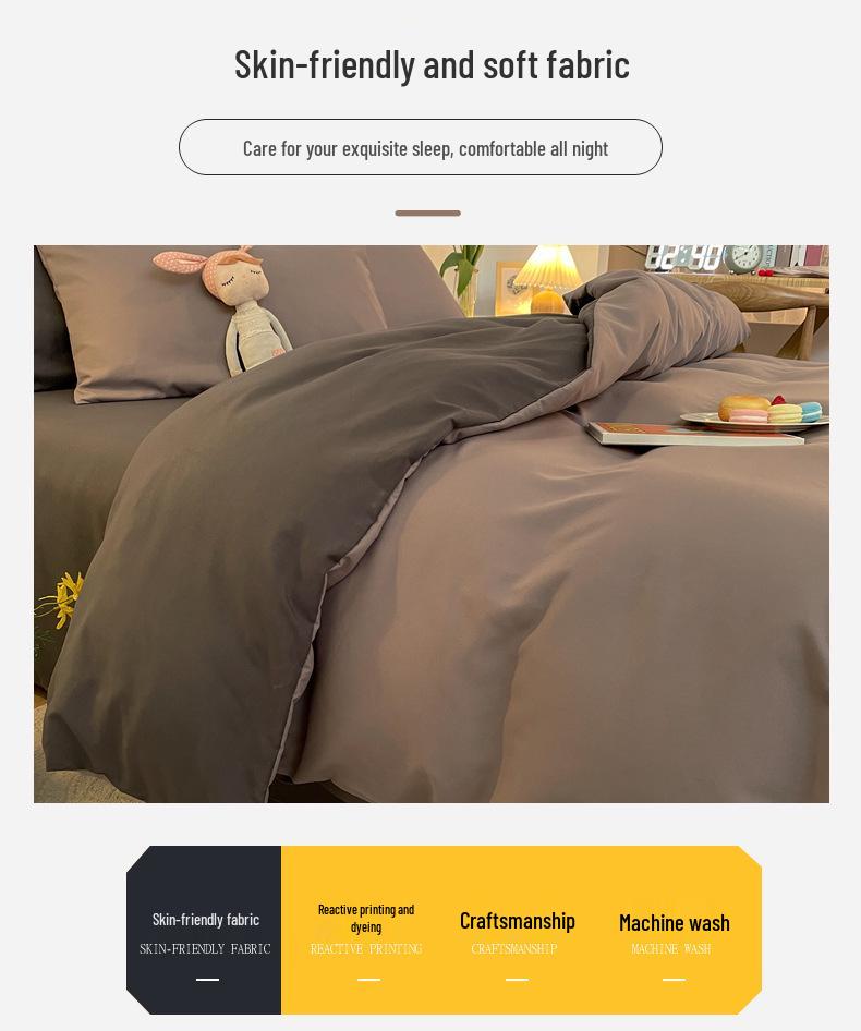 Thickened Brushed Solid Color Washed Cotton Student 3-Piece/4-Piece Set with Fitted Sheet & Duvet Cover