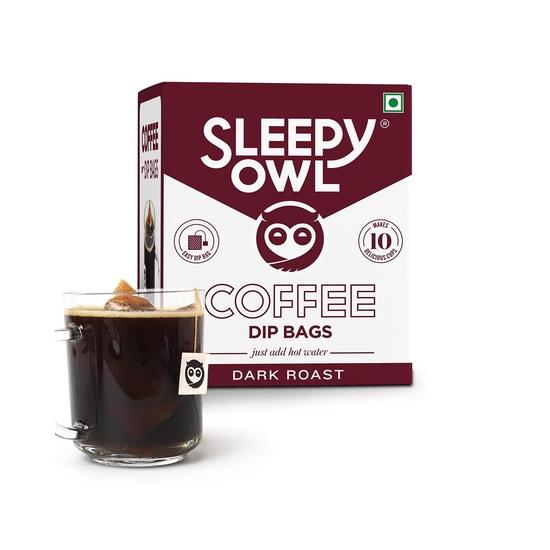 

Sleepy Owl Dark Roast Ground Coffee Dip Bags | 10 Bags - Makes 10 Cups | Hot Brew - Have it as Black Coffee or With Milk