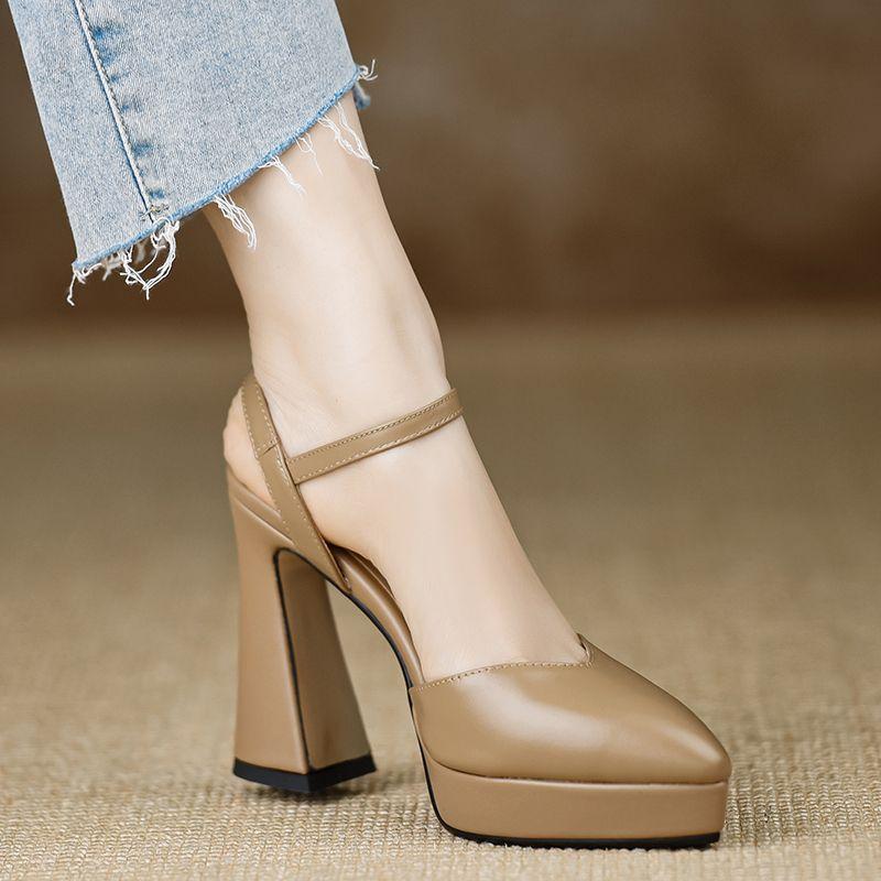 Handmade women's shoes new 2025 waterproof platform high-heeled sandals thick heel pointed buckle beige temperament high heels