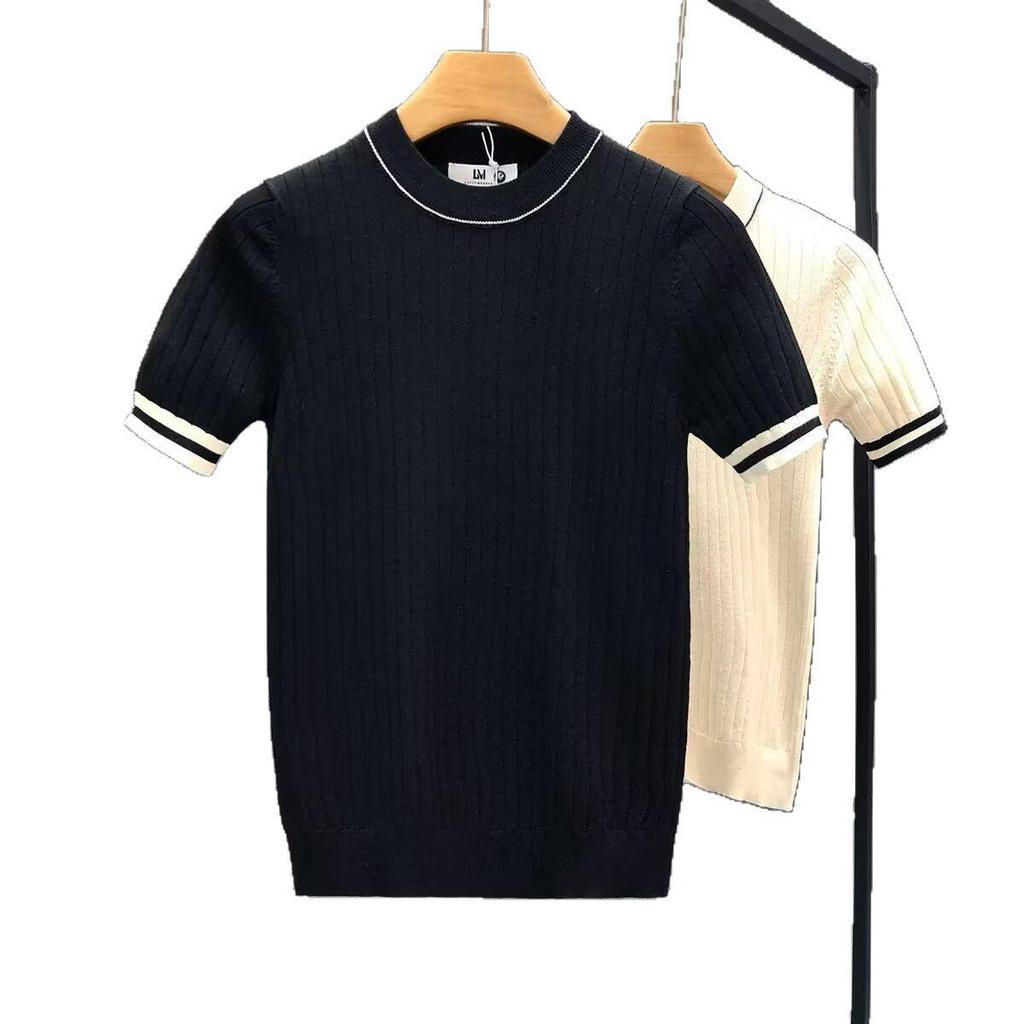 Men's Trendy Summer Breathable Knit Slim Fit Color Block Stripe Short Sleeve T-Shirt