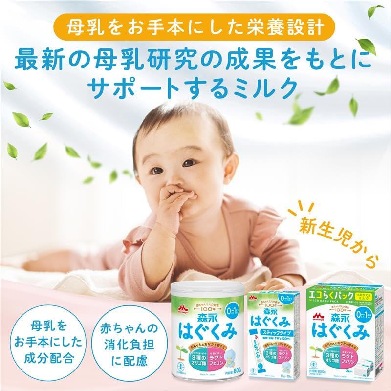 Hagukumi Morinaga Pack 800g X 400g with a 50ml Spoon Powdered Babies 0 Months 1 Year Eco-Raku First-Timer Set, (2 Bags) [Replacement Formula] [For