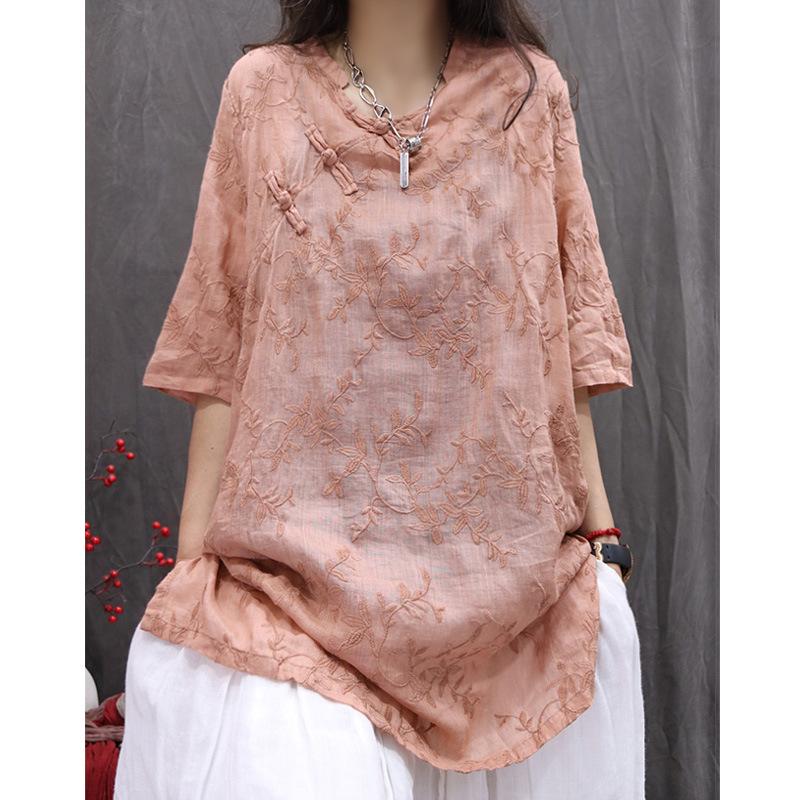 

Artistic Retro V-Neck Mid-Sleeve Mid-Length Shirt Dress with Embroidered Frog Button Double Extra Large лавандовый