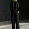 Conjunto Feminino de Duas Peças Blusa com Botões e Decote em V com Calça de Perna Larga Caimento Solto Roupa Casual Adequada para o Dia a Dia