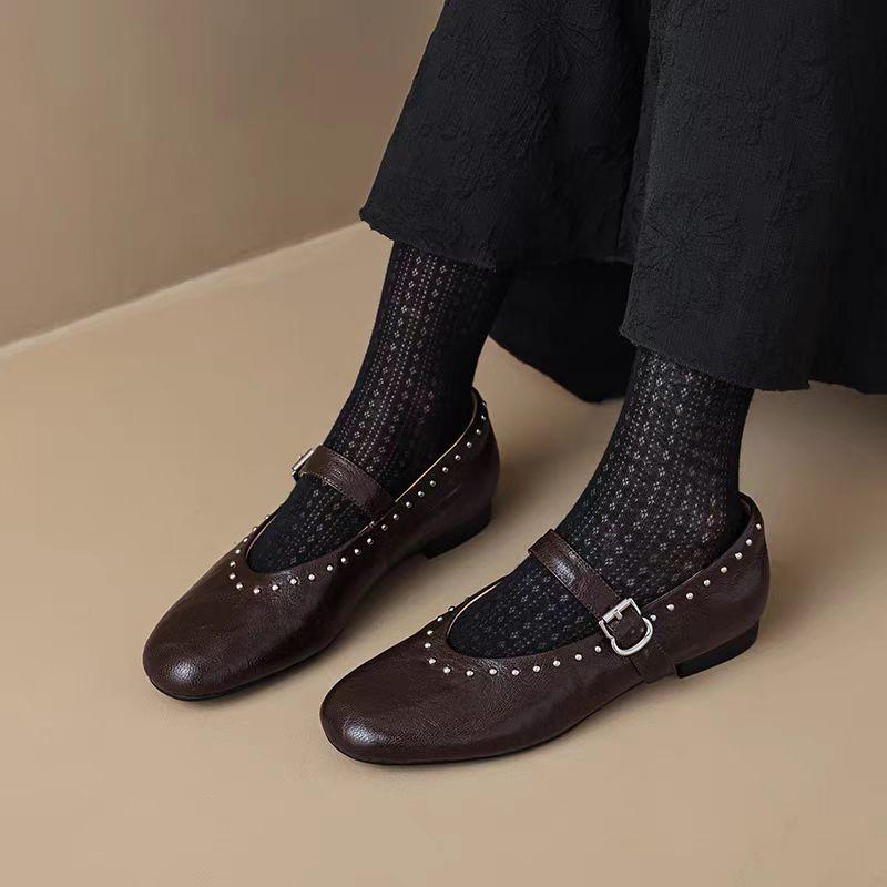 Fashion Retro Rivet Buckle Strap Flats Mary Janes Woman Solid Leather Ballets Shoes Ladies Spring Slip On Loafers Femme Studs Mocasines