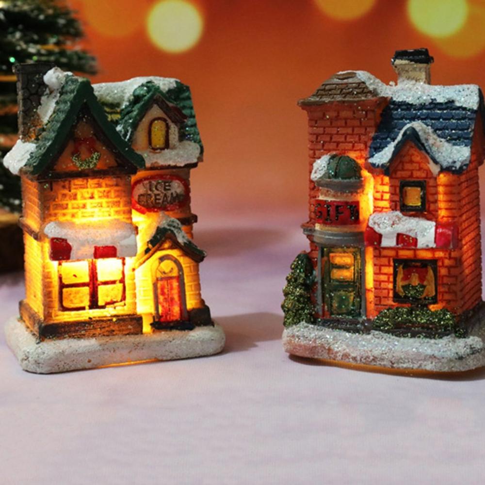 New Year Figurine Mini Miniatures Resin Craft Village House LED Light Christmas Decoration Ornament