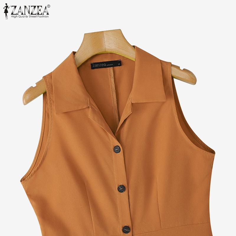 ZANZEA Women Summer Turn Down Collar Casual Sleeveless Long Dress