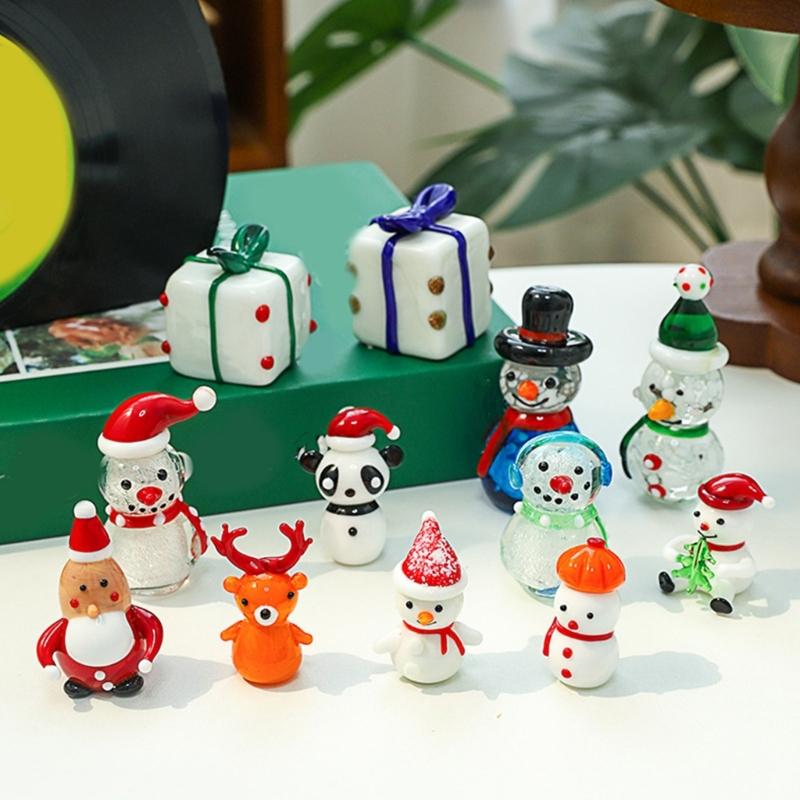 Miniature Snowman Reindeer Table Ornament Blown Glass Craft Christmas Figurine For Festives Season Decorating Accessory