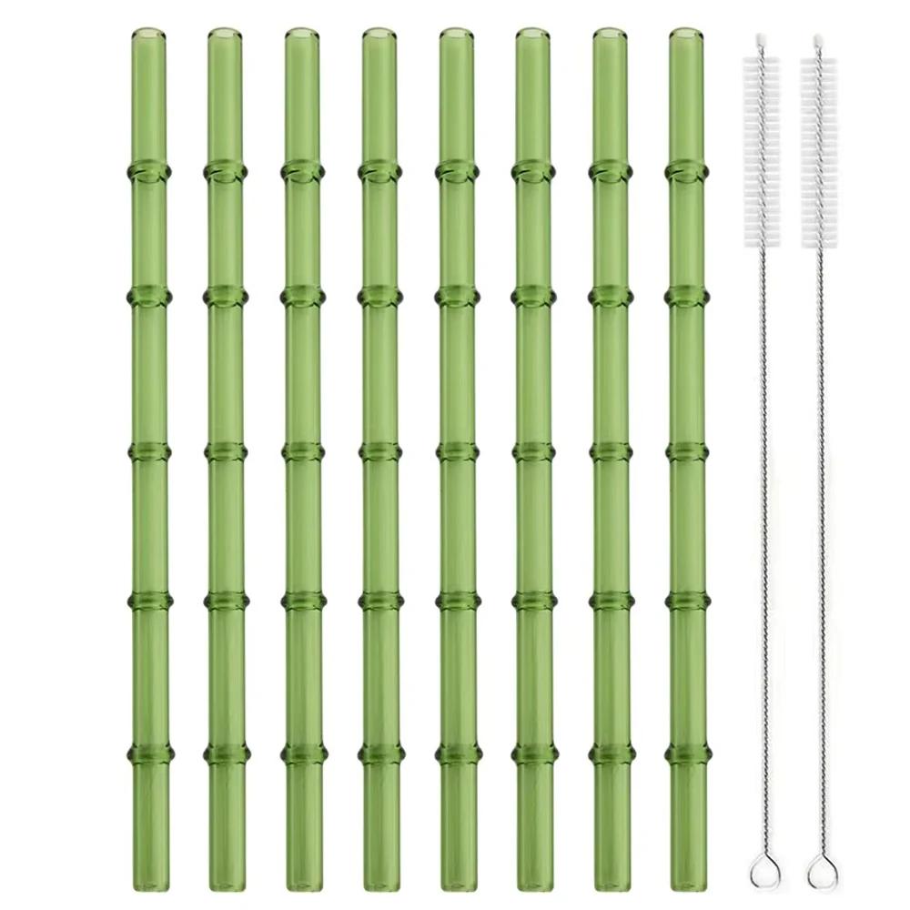 8Pcs Reusable Glass Drinking Straw Green Bamboo Shape Drinking Straws with Brush Cocktail Straw Bar Accessory