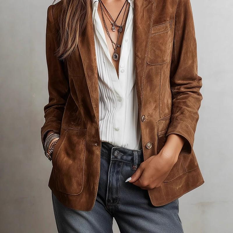 Womens Vintage Chic Suede-Like Blazer Jacket Single Breasted Loose Fit Street Style 2025