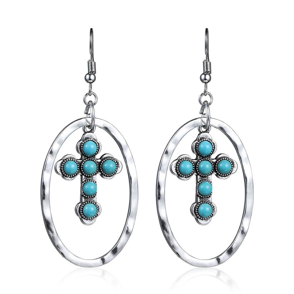Vintage Turquoise Cross Droplet Silver Earrings Earrings