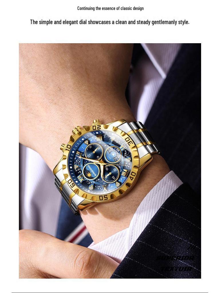 BINBOND Men's Luminous Stainless Steel Moon Phase Quartz Watch