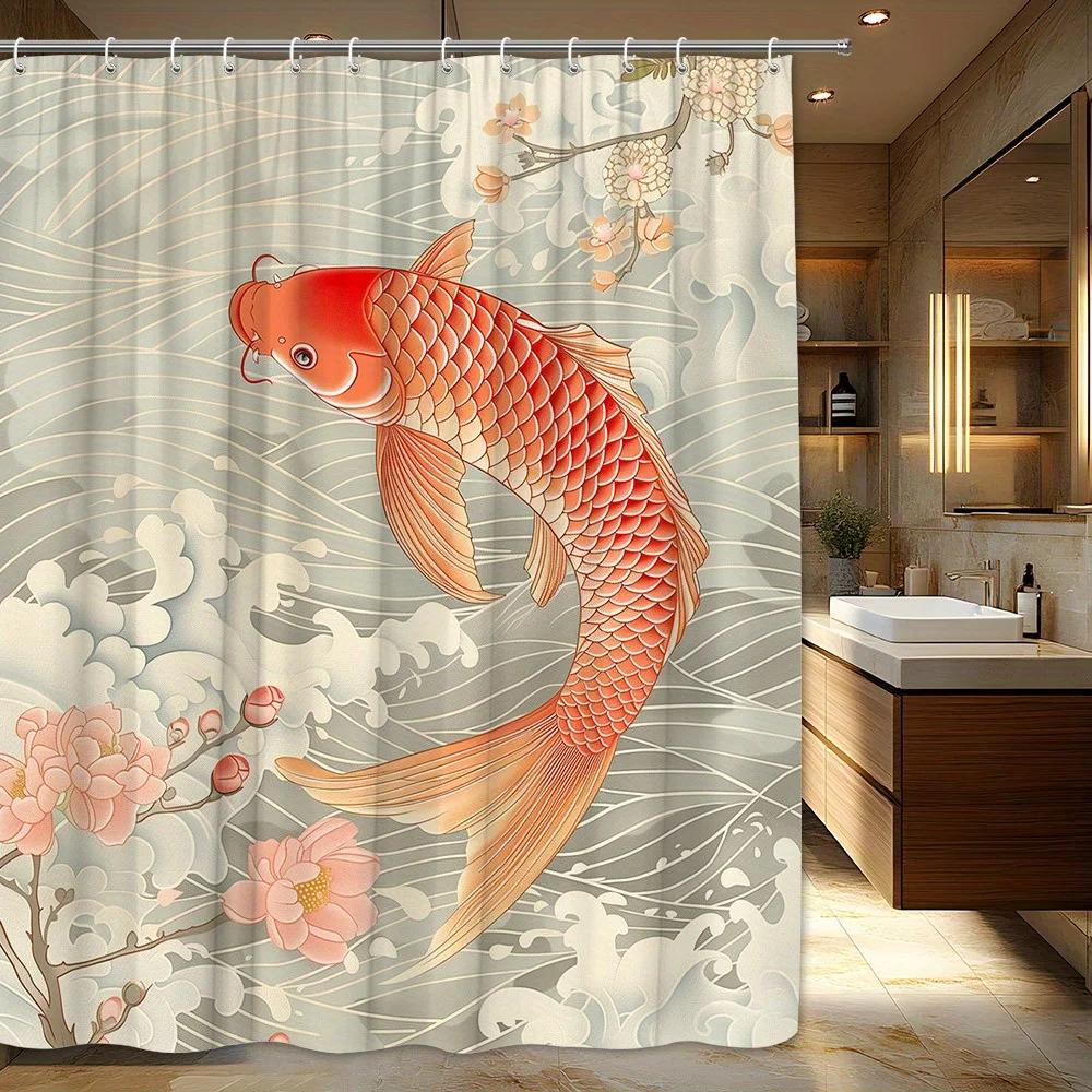 1 Piece Red Orange Koi and Sakura Shower Curtain-Flowing White Waves and Pink Flower Pattern, Polyester Fabric, Machine Washable