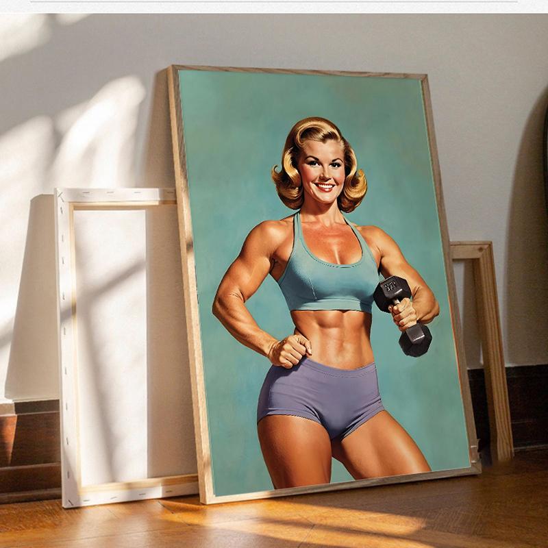 Poster and Print Canvas Painting Body Building Weightlifting Wall Art Picture for Gym Room Decor Retro Girl Exercise Fitness