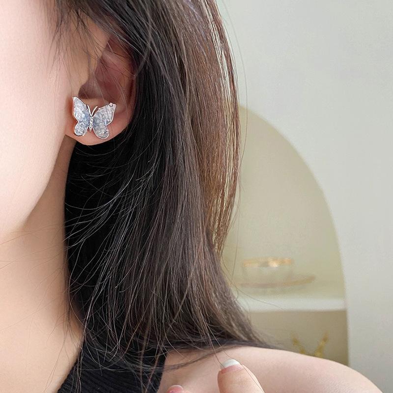111 silver needle blue gradual change crystal butterfly stud earrings exquisite small personality versatile earrings temperament new earrings